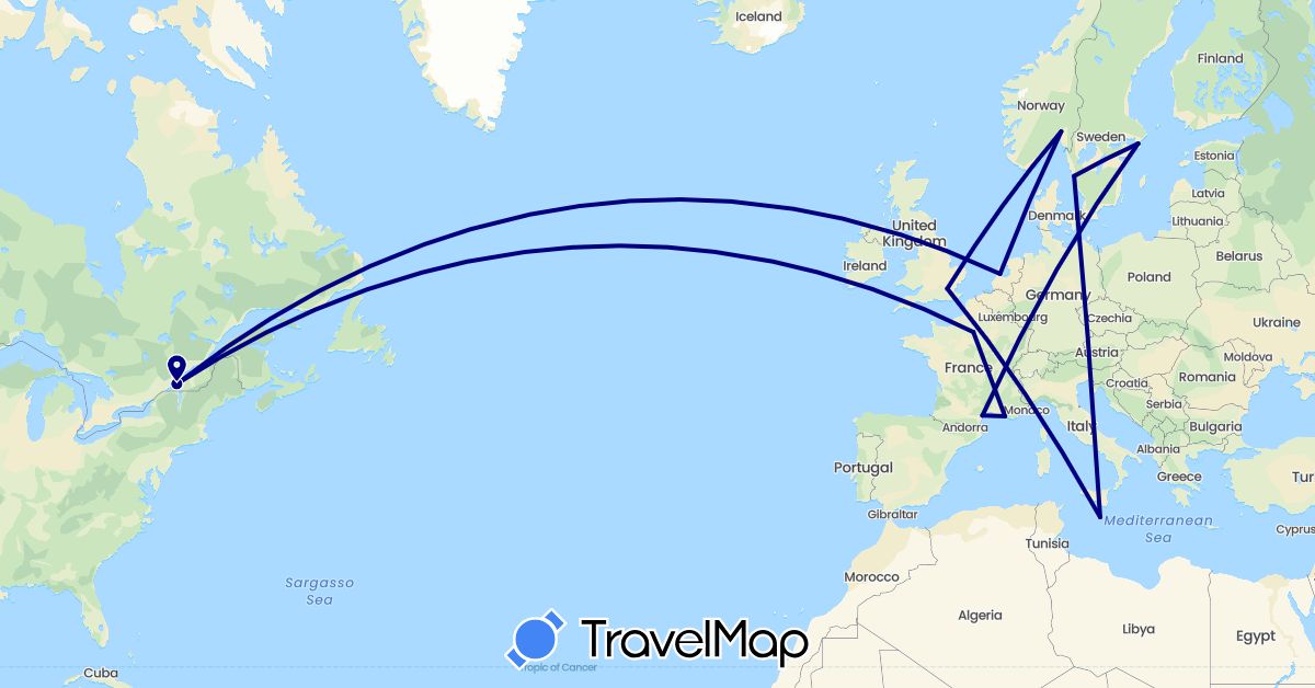 TravelMap itinerary: driving in Canada, France, United Kingdom, Malta, Netherlands, Norway, Sweden (Europe, North America)